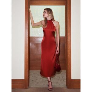 Commense Red Sheath Midi Dress Halter Neckline